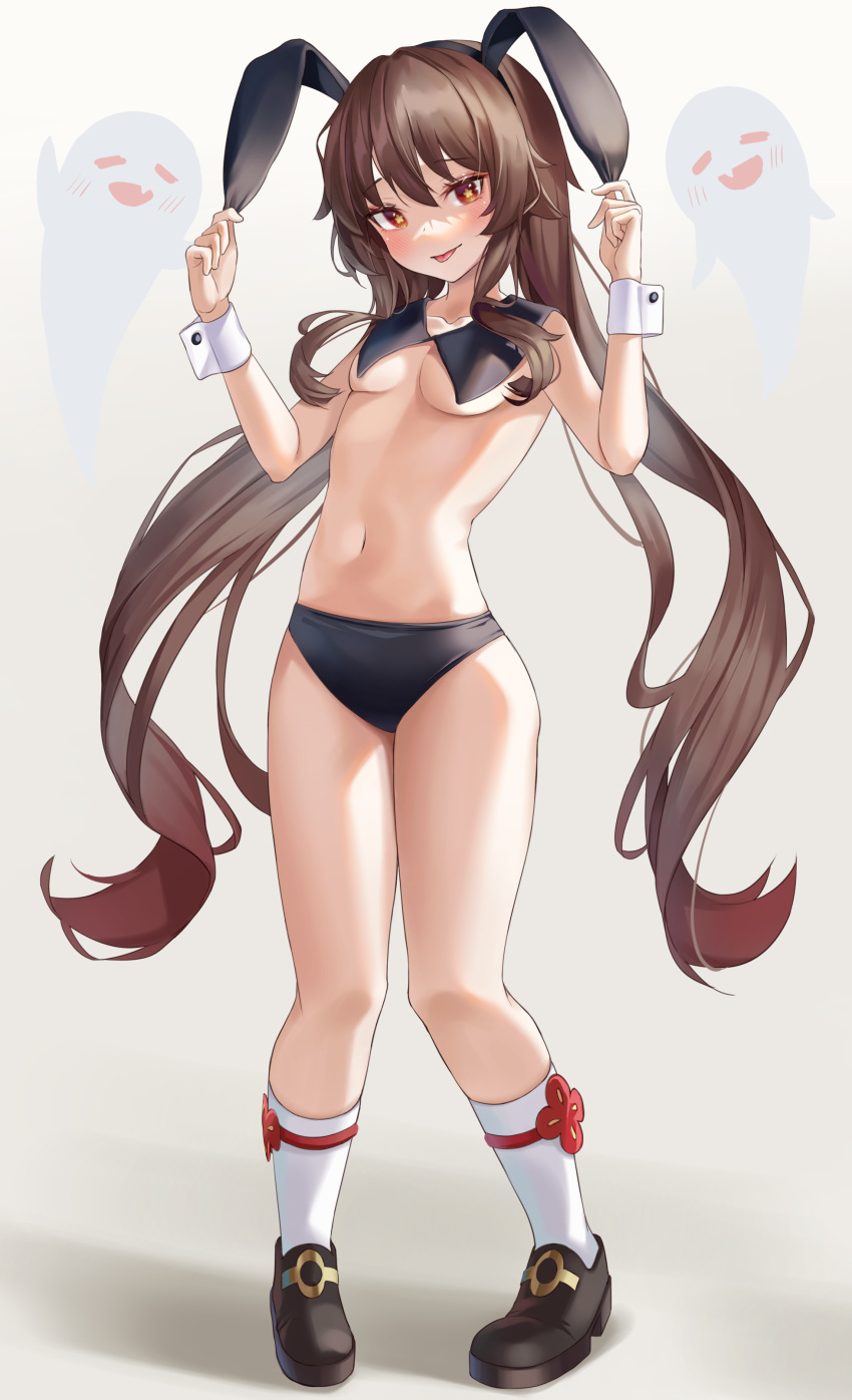 1girl :p absurdres akgrn animal_ears bare_shoulders black_bloomers black_collar black_footwear blush breasts brown_eyes brown_hair calflet collar collarbone commentary_request curvy double-parted_bangs eyelashes fake_animal_ears flower full_body genshin_impact ghost hair_between_eyes hands_up head_tilt highres holding_ears hu_tao_(genshin_impact) knees_together_feet_apart korean_commentary legs long_hair looking_at_viewer midriff navel playboy_bunny rabbit_ears red_flower sidelighting sidelocks simple_background small_breasts socks solo standing stomach symbol-shaped_pupils thighs tongue tongue_out twintails underboob very_long_hair wavy_hair white_socks white_wrist_cuffs yellow_background