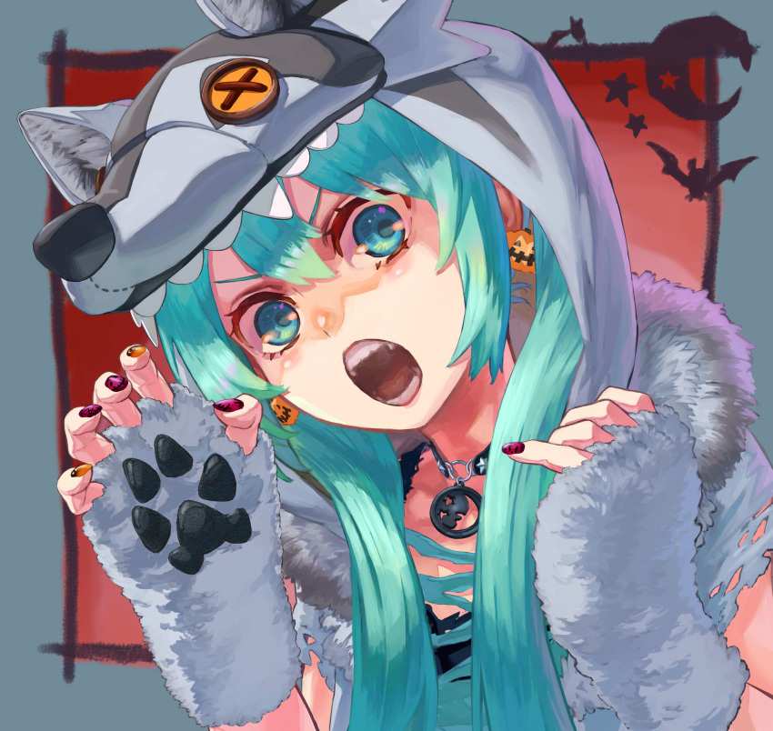 1girl animal_costume animal_hands aqua_eyes aqua_hair bat_(animal) collar crescent earrings fingerless_gloves gloves hands_up hatsune_miku highres jack-o'-lantern jack-o'-lantern_earrings jewelry long_hair looking_at_viewer open_mouth orange_nails paw_gloves purple_nails solo star_(symbol) twintails vocaloid wolf_costume wolf_hood yomoyama_yotabanashi