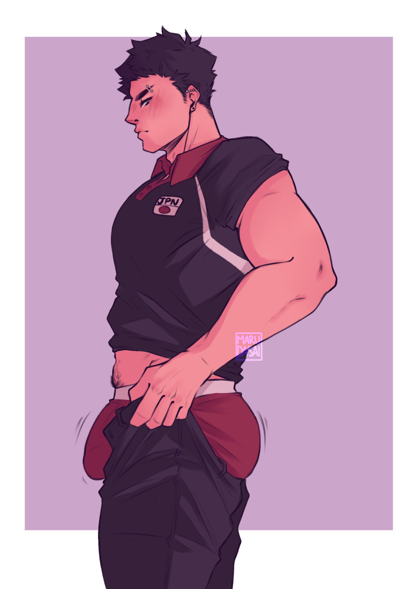 1boy ass bara blush boxers bulge bulge_lift collared_shirt dressing eyebrow_piercing feet_out_of_frame from_side haikyuu!! highres i've_never_seen_a_guy_recreate_this_successfully_tbh_(meme) iwaizumi_hajime large_pectorals long_sideburns looking_at_viewer male_focus male_underwear marudasai meme midriff_peek muscular muscular_male navel_hair open_pants pants pants_lift pectorals piercing red_male_underwear shirt short_hair sideburns solo undersized_clothes underwear