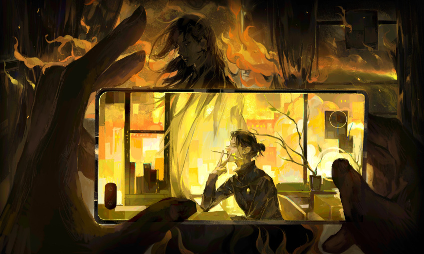 2boys absurdres black_hair burning character_request check_copyright closed_eyes copyright_request curtains elbow_on_table hair_bun hair_pulled_back hand_up highres holding holding_phone jujutsu_kaisen long_hair looking_at_viewer male_focus mouth_hold multiple_boys naaacn out_of_frame petals phone pov pov_hands profile school_uniform single_hair_bun sitting stick taking_picture touchscreen turtleneck updo v window