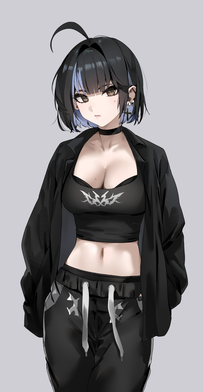 1girl absurdres ahoge black_choker black_hair black_jacket black_pants blue_hair breasts brown_eyes choker cleavage collarbone cross cross_earrings earrings grey_background hands_in_pockets highres irene_(kanniiepan) jacket jewelry kanniiepan looking_at_viewer medium_breasts midriff mole mole_on_breast mole_under_eye multicolored_hair navel original pants short_hair simple_background single_earring solo standing two-tone_hair