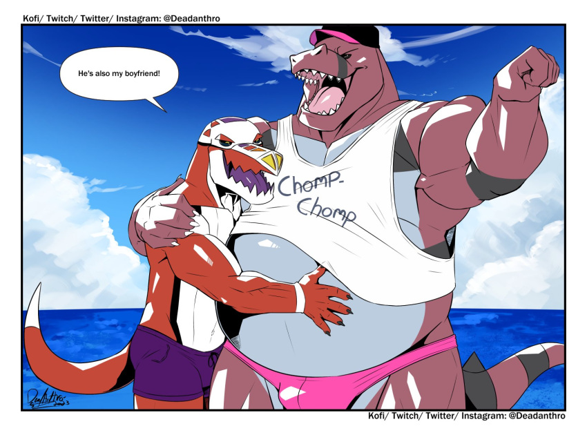 2023 anthro beach belly black_body black_clothing black_eyes black_hat black_headwear black_scales black_sclera blue_sky claws clothed clothing cloud crocodilian deadanthro dialogue duo embrace english_text finger_claws flexing_bicep generation_5_pokemon hat headgear headwear hi_res hug krookodile larger_male looking_at_viewer male male/male multicolored_body multicolored_scales muscular muscular_anthro muscular_male nintendo open_mouth pecs pink_clothing pink_speedo pink_swimwear pokemon pokemon_(species) purple_clothing purple_swimming_trunks purple_swimwear purple_tongue red_body red_scales reptile scales scalie sea seaside shirt signature size_difference sky smaller_male smile speech_bubble speedo swimming_trunks swimwear tank_top text tongue topless topwear twitter_handle two_tone_body two_tone_scales water white_body white_clothing white_scales white_shirt white_tank_top white_topwear yellow_eyes
