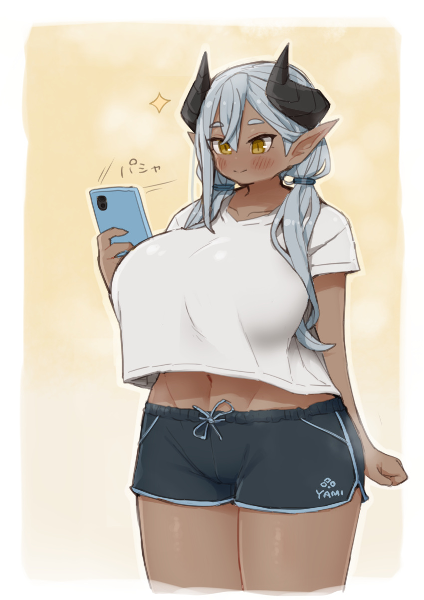 1girl absurdres black_shorts blush breasts cellphone collarbone cropped_legs dark-skinned_female dark_skin grey_hair hair_over_shoulder highres horns huge_breasts ichika_(ichika_manga) long_hair long_pointy_ears low_twintails midriff_peek navel no_nose original phone pointy_ears selfie shirt shirt_overhang shorts smile solo stomach twintails white_shirt yamiel-chan
