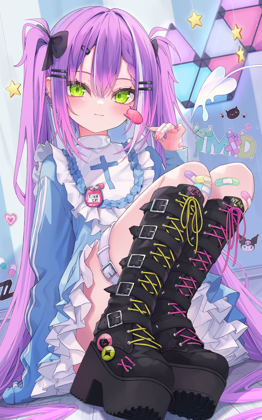 1girl 333shishishi333 :3 absurdres alternate_costume badge bandaged_fingers bandages bandaid bandaid_on_hand bandaid_on_knee bandaid_on_leg black_bow black_footwear boots bow button_badge candy choppy_bangs cross cross_earrings crucifix demon_tail dress ear_chain earrings food footwear_focus frilled_dress frills green_eyes hair_bow hair_ornament hairclip highres holding holding_candy holding_food holding_lollipop hololive jewelry knees_up lollipop long_hair looking_at_viewer multicolored_hair pink_nails platform_boots platform_footwear purple_hair sidelocks tail thigh_strap tokoyami_towa twintails two-tone_hair very_long_hair white_hair