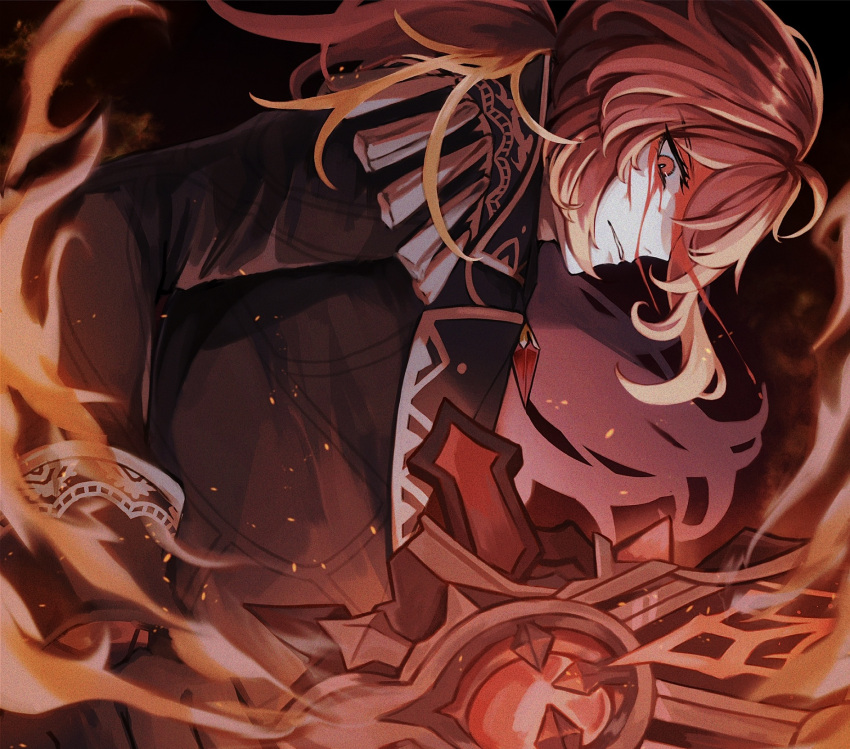 1boy black_coat black_gloves bleeding blood blood_on_face coat dark_background diluc_(genshin_impact) epaulettes fire from_side genshin_impact gloves highres holding holding_sword holding_weapon lapels long_sleeves looking_at_viewer male_focus red_eyes red_hair sa_fest sleeve_cuffs solo sword upper_body weapon wolf's_gravestone_(genshin_impact)