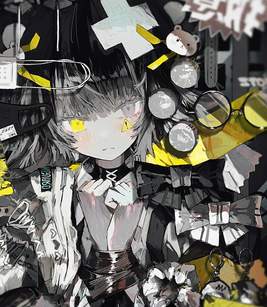 1girl animal_hair_ornament black_bow black_hair black_mask blush bound bound_wrists bow curled_fingers glasses grey_eyes hair_ornament hairpin highres jacket looking_at_viewer mask monochrome mouth_mask original own_hands_together parted_lips sign solo tape tekito_midori warning_sign white_bow wrapped yellow_eyes yellow_theme