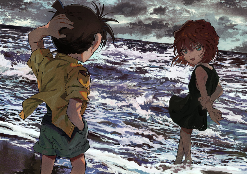 1boy 1girl alternate_costume arm_behind_head arms_behind_back blue_eyes brown_hair cloud cloudy_sky edogawa_conan grabbing_own_arm haibara_ai hand_in_pocket highres meitantei_conan ocean outdoors segami short_hair sky