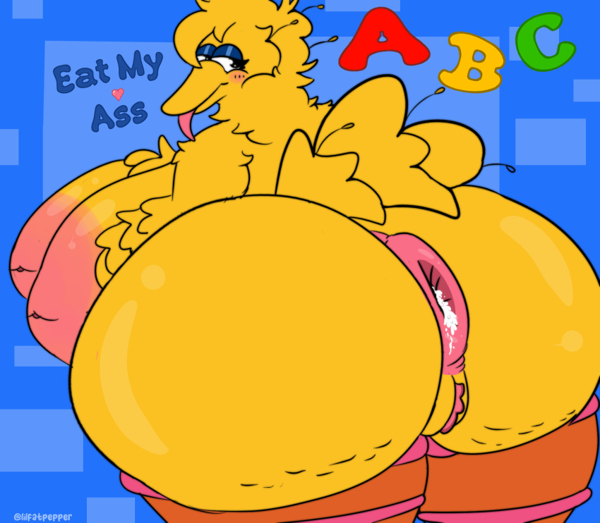 anthro anus avian big_bird big_breasts big_butt bird bodily_fluids breasts butt cum cum_drip cum_in_ass cum_inside cumshot dripping ejaculation female genital_fluids hi_res lilfatpepper puffy_anus sesame_street solo thick_thighs