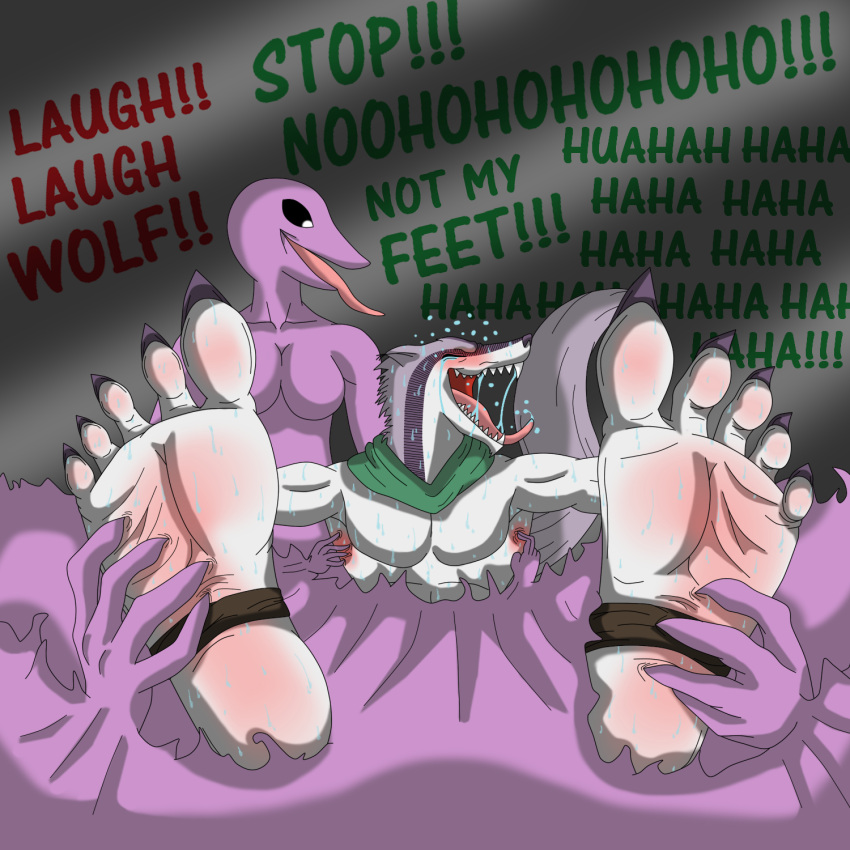 2015 5_toes anthro barefoot blush bodily_fluids breasts brown_stirrups canid canine canis cape celia_(quintonquill) claws clothed clothing dominant dominant_anthro dominant_female duo english_text eyes_closed feet female foot_fetish foot_focus goo_creature green_cape grey_background hi_res humanoid_feet kmj91_(artist) laugh laugh_vocalization long_tongue looking_at_another male male/female mammal muscular muscular_anthro muscular_male open_mouth pink_blush pink_tongue plantigrade prick_ears purple_body purple_claws saliva scalie sharp_teeth simple_background slime slime_bondage snout soles stirrup_footwear stirrup_legwear submissive submissive_anthro submissive_male teeth text tickle_fetish tickle_torture tickling tickling_armpits tickling_feet toe_claws toes tongue topless topless_anthro topless_male white_body white_skin wolf z'nth