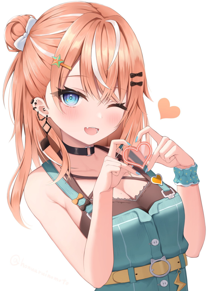 1girl ;d belt black_bustier blue_eyes blush bow breasts choker cleavage collarbone ear_piercing earrings fang hair_between_eyes hair_bow hair_bun hair_ornament heart heart_hands highres honyuuruinomoto igarashi_rika jewelry looking_at_viewer medium_hair multicolored_hair nijisanji o-ring o-ring_choker one_eye_closed open_mouth orange_hair overalls piercing simple_background single_side_bun smile solo star_(symbol) star_hair_ornament streaked_hair upper_body virtual_youtuber white_background white_hair yellow_belt