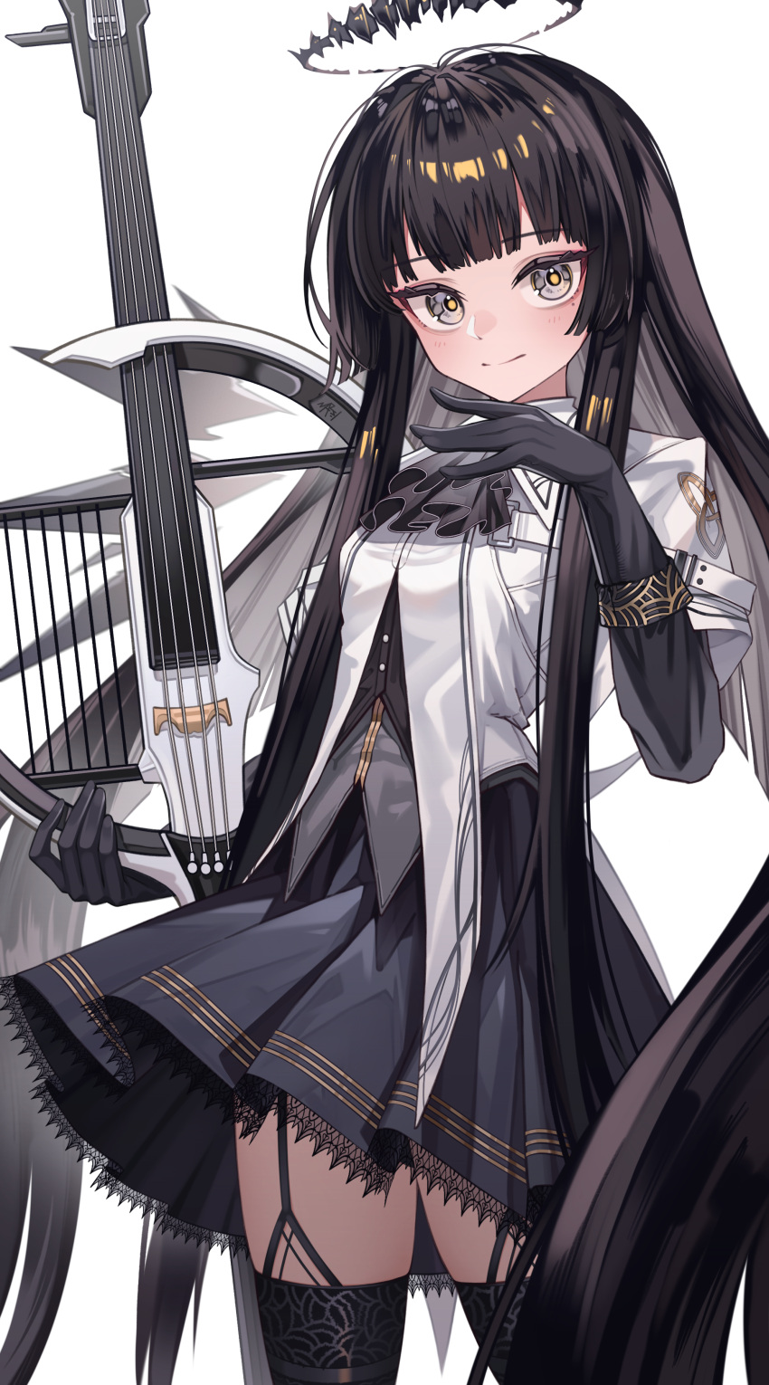 1girl absurdly_long_hair absurdres ahoge antenna_hair arknights ascot belt belt_buckle black_ascot black_bustier black_eyes black_garter_straps black_gloves black_hair black_halo black_skirt black_thighhighs black_wings blunt_bangs breasts broken_halo buckle bustier buttons cello chinese_commentary collared_jacket commentary_request cowboy_shot dark_halo detached_wings dress_shirt energy_wings garter_straps gloves grey_shirt halo hand_to_own_mouth hand_up highres hime_cut holding holding_instrument holding_violin instrument jacket light_blush light_smile long_hair long_sleeves looking_at_viewer medium_breasts miniskirt mole mole_under_eye pleated_skirt shirt sidelocks simple_background skirt solo standing thighhighs very_long_hair violin virtuosa_(arknights) white_background white_belt white_jacket wide_sleeves wings zettai_ryouiki zhengqi_zhizi_sg