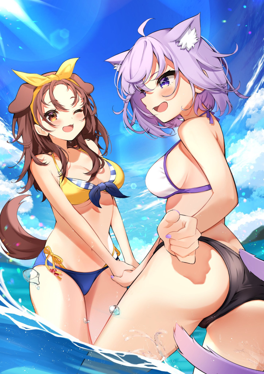 2girls animal_ear_fluff animal_ears ass bikini blush breasts brown_eyes brown_hair brown_tail cat_ears cat_girl cat_tail dog_ears dog_girl dog_tail hair_ribbon highres holding_hands hololive inugami_korone lens_flare long_hair medium_breasts medium_hair multiple_girls nekomata_okayu ocean one_eye_closed open_mouth outdoors purple_eyes purple_hair purple_tail ribbon side-tie_bikini_bottom sideways_mouth smile swimsuit tail takumin_dx virtual_youtuber wading water wispy_bangs