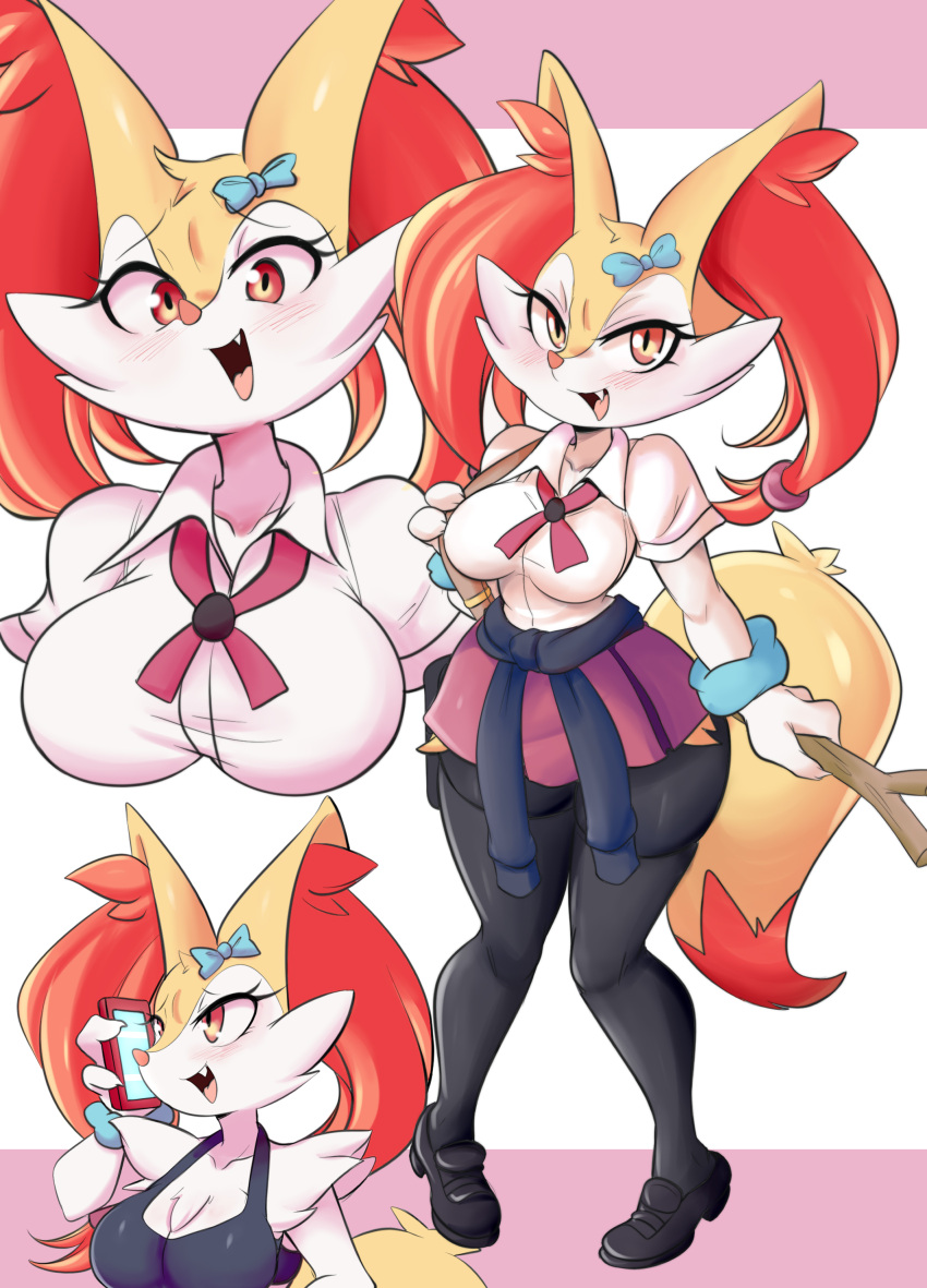 2023 absurd_res anthro big_breasts blush bottomwear bow_ribbon braixen breasts cellphone cheek_tuft cleavage clothed clothing clothing_around_waist dress_shirt eyebrows eyelashes facial_tuft fangs female footwear fully_clothed generation_6_pokemon hi_res holding_cellphone holding_object holding_phone holding_stick inner_ear_fluff legwear looking_at_viewer lucyfercomic miniskirt multiple_poses nintendo open_mouth open_smile phone pokemon pokemon_(species) pose red_eyes school_uniform shirt shirt_around_waist shoes skirt smile solo stick stockings tank_top teeth thigh_highs topwear tuft uniform