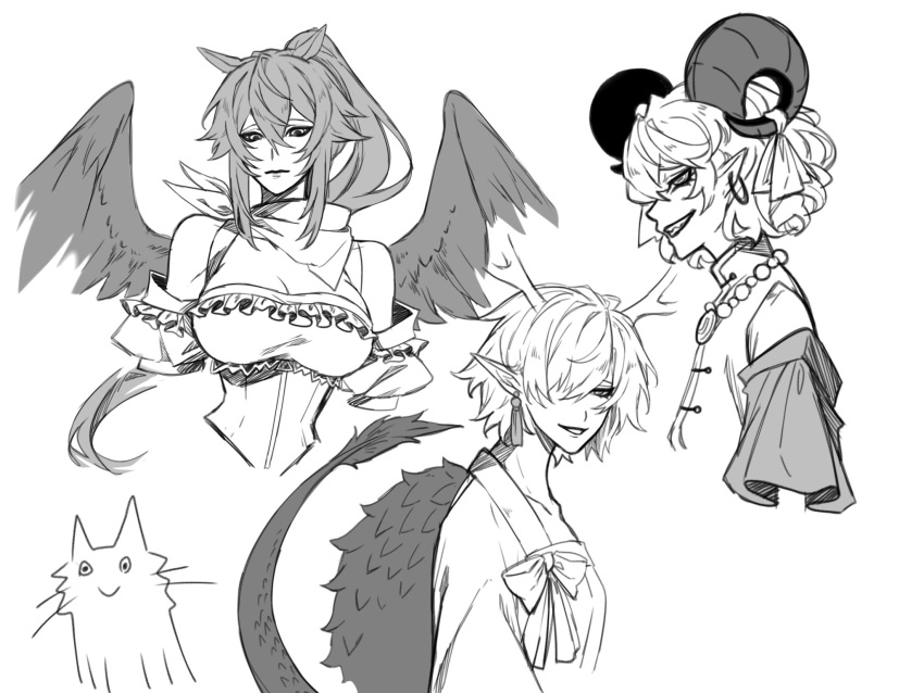 antlers curly_hair dragon_girl dragon_horns dragon_tail feathered_wings highres horn_ornament horn_ribbon horns kicchou_yachie kurokoma_saki off-shoulder_shirt off_shoulder okina_821 pegasus_wings ribbon sheep_horns shirt tail touhou toutetsu_yuuma turtle_shell wings