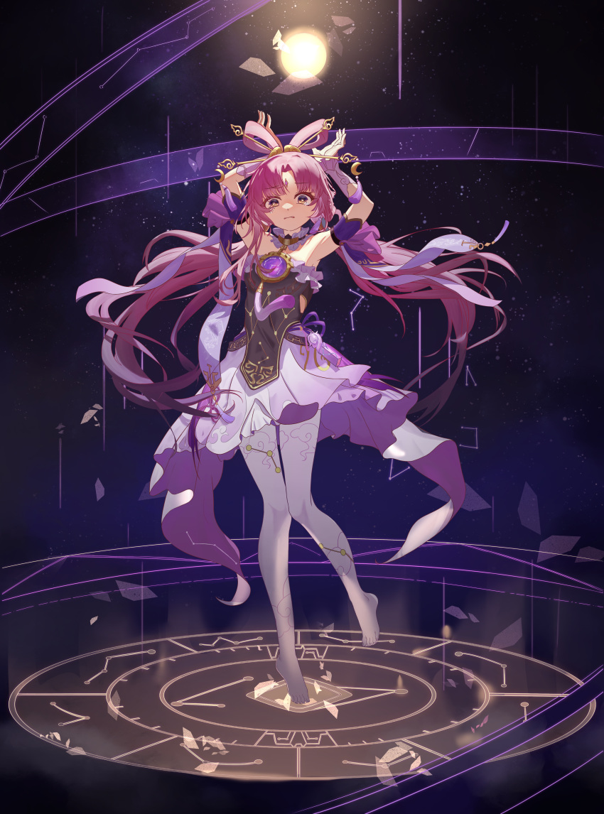 1girl absurdres constellation constellation_print crescent detached_sleeves dress fu_xuan_(honkai:_star_rail) full_body gold_trim hair_ornament hair_rings hair_stick highres honkai:_star_rail honkai_(series) long_hair long_sleeves looking_at_viewer low_twintails multicolored_clothes multicolored_dress no_shoes pantyhose parted_lips pink_hair purple_ribbon ribbon solo tassel tsumetaiemperor twintails very_long_hair white_pantyhose