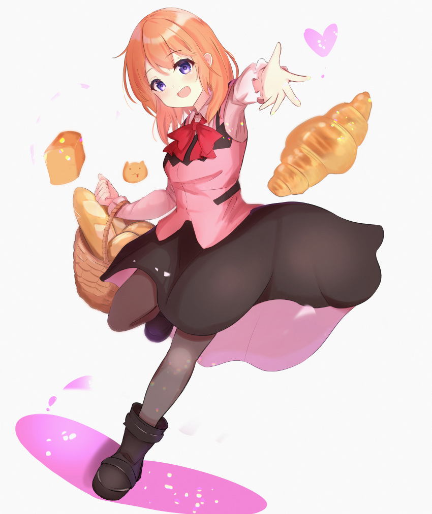 1girl :d absurdres baguette basket black_footwear black_pantyhose black_skirt blush bow bowtie bread brown_hair collared_shirt croissant fleina_note food full_body gochuumon_wa_usagi_desu_ka? hair_between_eyes heart highres holding holding_basket hoto_cocoa long_hair medium_skirt open_mouth outstretched_arm pantyhose pink_vest purple_eyes rabbit_house_uniform red_bow red_bowtie shirt skirt smile solo standing standing_on_one_leg straight_hair vest white_shirt wing_collar