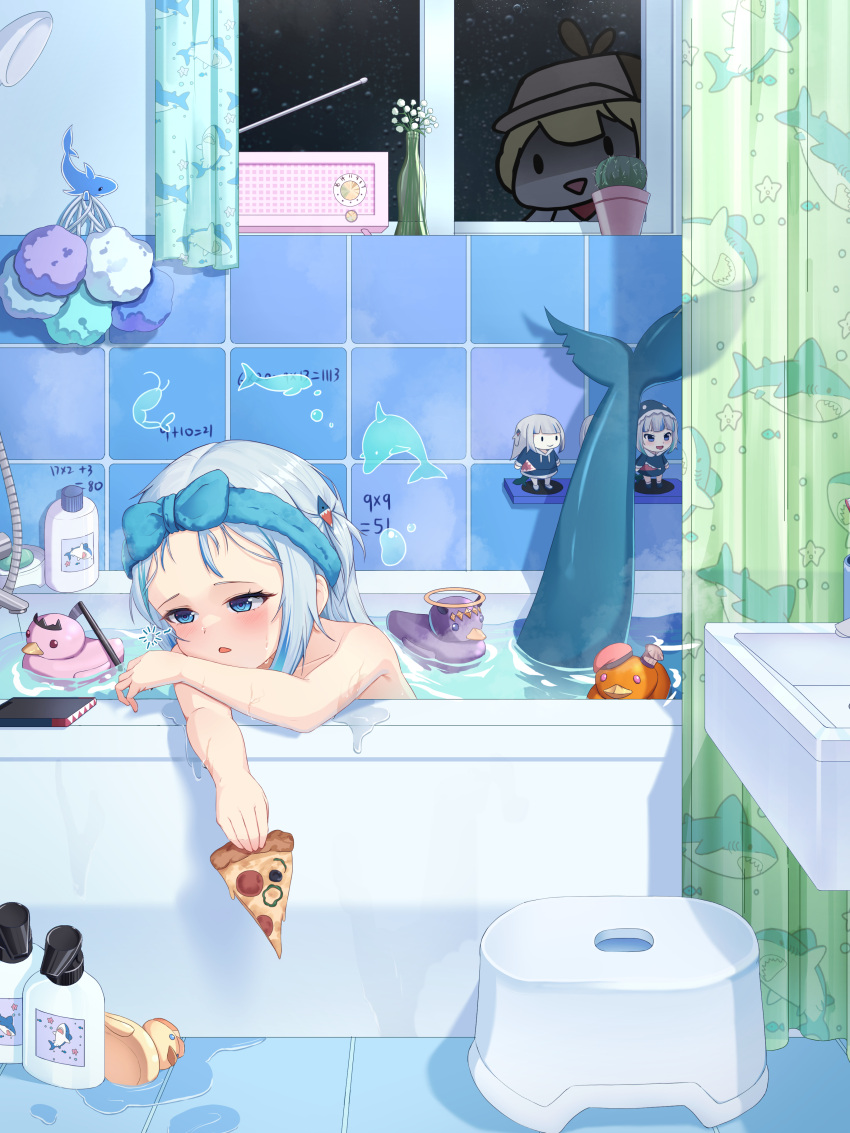 1girl absurdres bath bath_stool bathing bathroom bathtub blue_hair cellphone character_doll commentary commentary_request curtains fins fish_tail food gawr_gura hair_ornament highres holding holding_food hololive hololive_english monmo_mu mori_calliope multicolored_hair ninomae_ina'nis objectification partially_submerged phone pizza pizza_slice rubber_duck shark_girl shark_hair_ornament shark_print shark_tail smartphone smol_ame solo stool tail takanashi_kiara tile_wall tiles virtual_youtuber watermark watson_amelia white_hair window