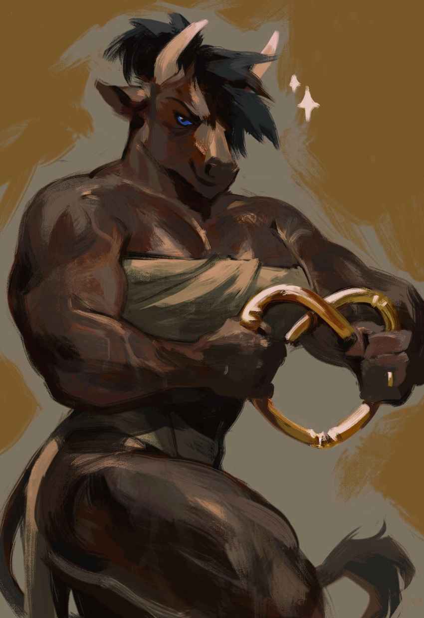 anthro black_hair blue_eyes bovid bovine breasts brown_body brown_fur clothed clothing eleutheria_avarta european_mythology female flexing fur greek_mythology hair hi_res horn looking_at_viewer mammal minotaur muscular muscular_anthro muscular_female muscular_thighs mythology shanikafaceless smile solo tail tail_tuft tuft