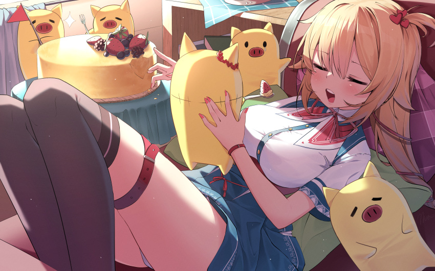 1girl absurdres akai_haato akai_haato_(1st_costume) black_thighhighs blue_skirt blush breasts cake closed_eyes collared_shirt food haaton_(akai_haato) hair_ornament hair_ribbon heart heart_hair_ornament highres hololive large_breasts long_hair maeru open_mouth red_ribbon ribbon shirt side_ponytail skirt thigh_strap thighhighs twintails virtual_youtuber white_shirt
