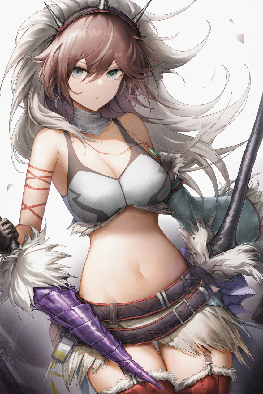 1girl absurdres arknights bare_shoulders belt black_belt black_gloves blue_eyes breasts brown_hair cleavage commentary_request cowboy_shot dagger gloves grey_background highres holding holding_dagger holding_knife holding_weapon horns kirin_r_yato_(arknights) knife monster_hunter_(series) navel onedr reverse_grip solo standing stomach thighs weapon yato_(arknights)