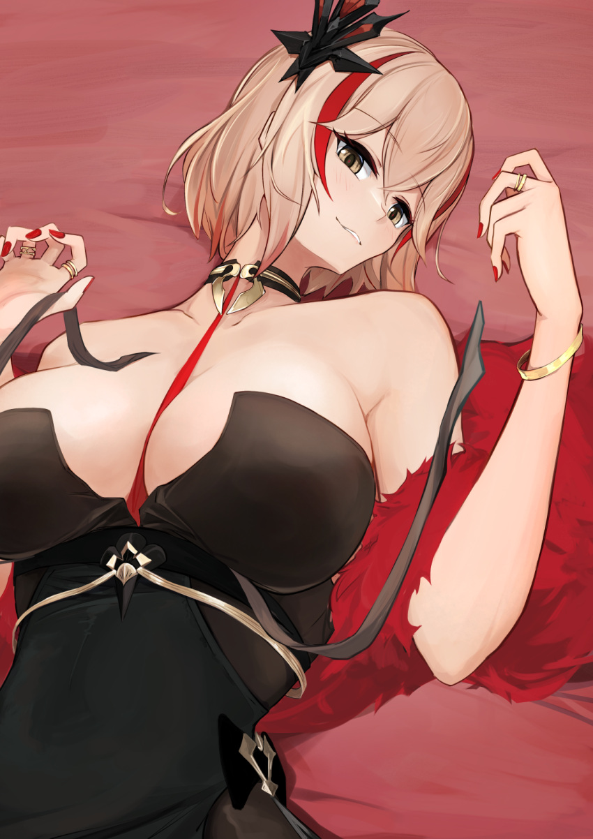 1girl azur_lane bare_shoulders bed_sheet black_choker black_dress blonde_hair bracelet breasts brown_eyes choker cleavage collarbone commentary cowboy_shot dress evening_gown feather_boa hair_between_eyes hair_ornament halter_dress halterneck hand_up highres jewelry large_breasts looking_at_viewer lying marshall_k multicolored_hair on_back parted_lips red_hair red_nails ring roon_(azur_lane) roon_(dark_red_grin)_(azur_lane) shadow short_hair sidelocks smile solo streaked_hair two-tone_hair