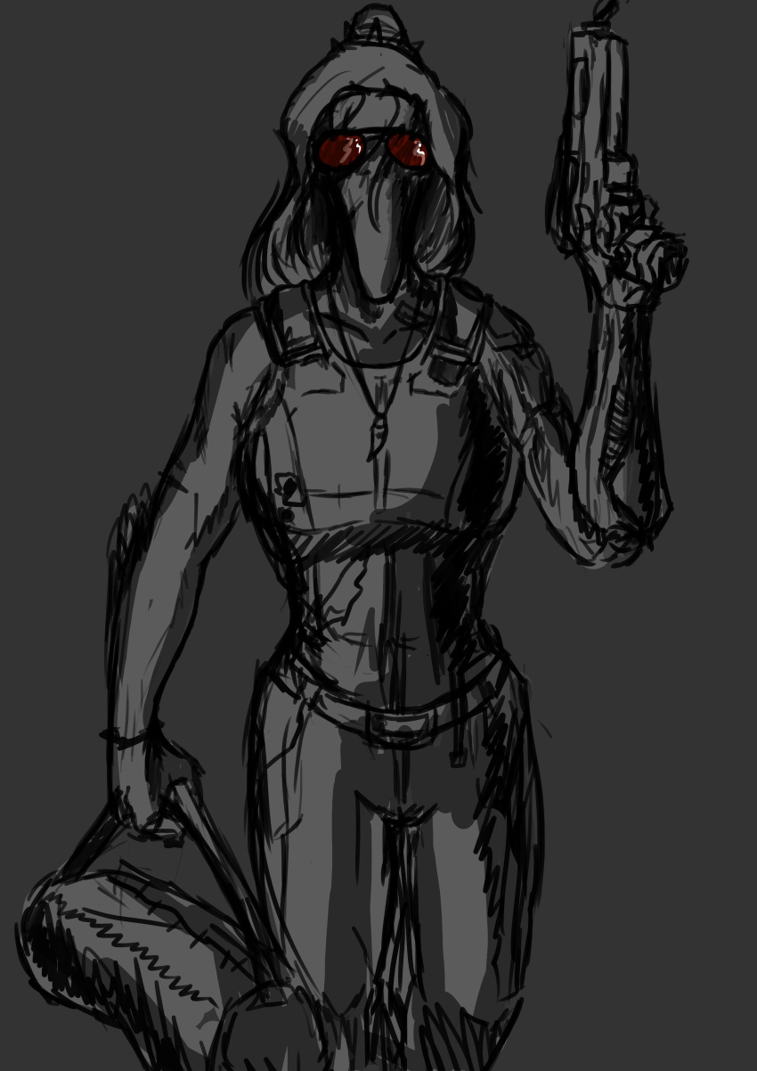 2023 absurd_res anthro black_and_white clothing cosplay crossover crossover_cosplay cybernetic_arm cybernetic_limb cybernetics cyberpunk_2077 dinosaur duffel_bag elbow_feathers eyewear fang_(gvh) female goodbye_volcano_high gun hair hi_res jewelry johnny_silverhand_(cyberpunk_2077) long_hair machine midriff monochrome necklace pterodactylus pterosaur ranged_weapon reptile sakamtosng scalie snoot_game snout solo sunglasses topwear vest weapon