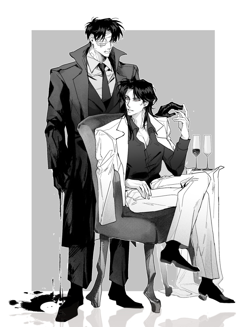 2boys bandaged_head bandages blazer blood_drip chair champagne_flute chinese_commentary closed_mouth coat collared_shirt commentary_request cup drinking_glass dripping expressionless figure_four_sitting full_body gauze gauze_over_eye greyscale grin highres houlong_siche ichijou_seiya jacket jacket_on_shoulders kaiji long_hair long_sleeves looking_at_viewer male_focus medium_bangs monochrome multiple_boys murakami_tamotsu necktie office_chair pants shirt shoes short_hair sitting smile standing suit swivel_chair