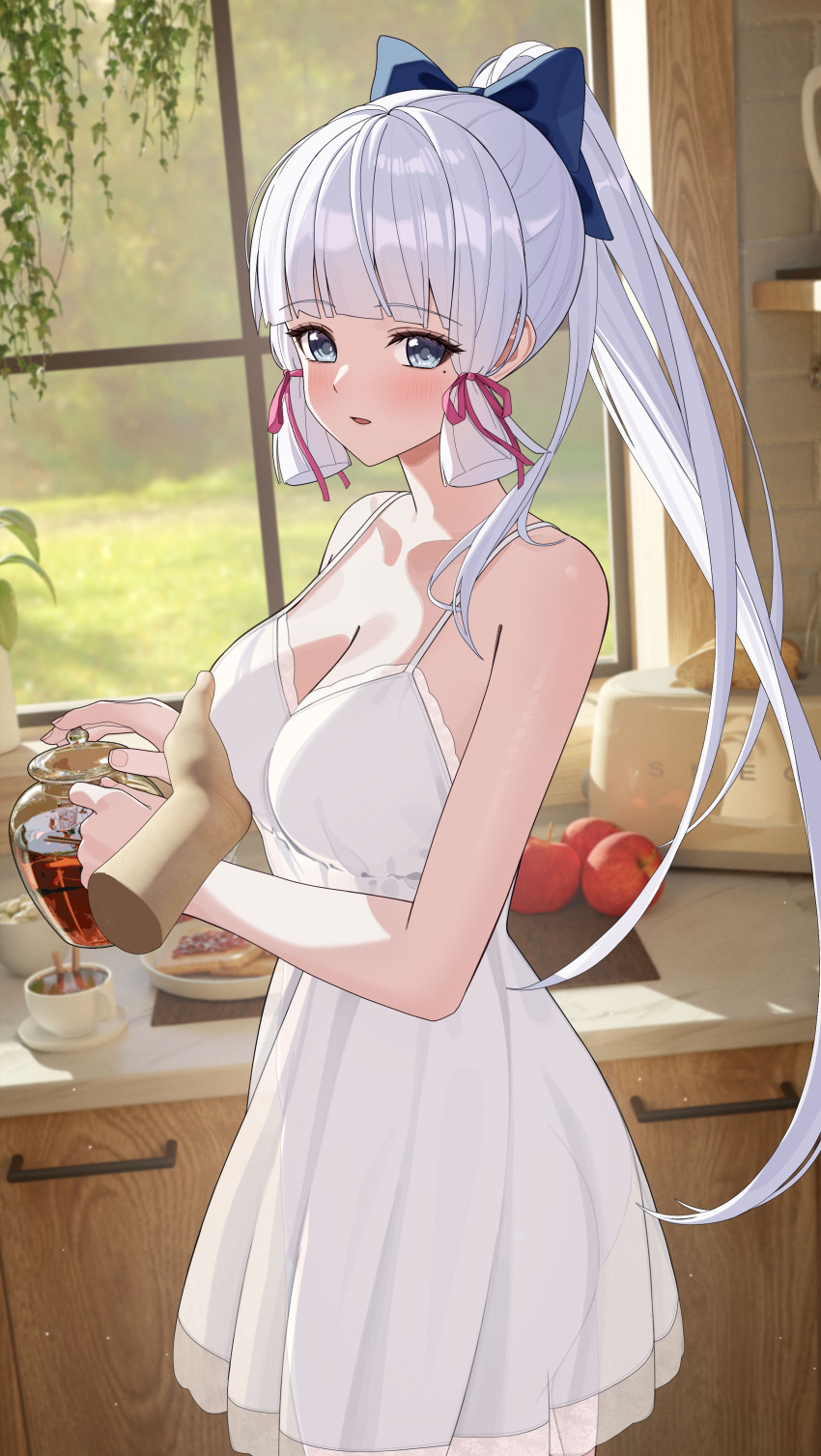 1boy 1girl absurdres apple blue_eyes bow breasts counter cup disembodied_limb dress food fruit genshin_impact grabbing grabbing_another's_breast hair_bow hair_ribbon hetero high_ponytail highres holding holding_teapot indoors jumonji kamisato_ayaka kitchen large_breasts long_hair mole mole_under_eye plate pouring ribbon sidelocks solo_focus tea teacup teapot tress_ribbon very_long_hair white_dress white_hair window