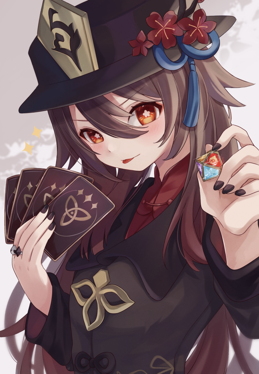 1girl black_headwear black_nails blush brown_hair chinese_clothes collared_coat double-parted_bangs engasaki_sakura flower flower-shaped_pupils genius_invokation_tcg genshin_impact hair_between_eyes hat hat_flower hat_tassel highres hu_tao_(genshin_impact) jewelry long_hair looking_at_viewer multiple_rings plum_blossoms porkpie_hat red_eyes ring sidelocks simple_background solo sparkle symbol-shaped_pupils tongue tongue_out trading_card upper_body