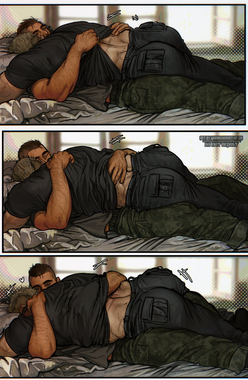 2boys ass bara bed black_hair black_pants black_shirt blonde_hair call_of_duty call_of_duty:_modern_warfare_2 camouflage camouflage_pants closed_eyes couple ghost_(modern_warfare_2) green_pants highres hug looking_at_another lying lying_on_person male_focus multiple_boys muscular muscular_male on_back on_bed pants shirt short_hair sidecut soap_(modern_warfare_2) umikochannart yaoi