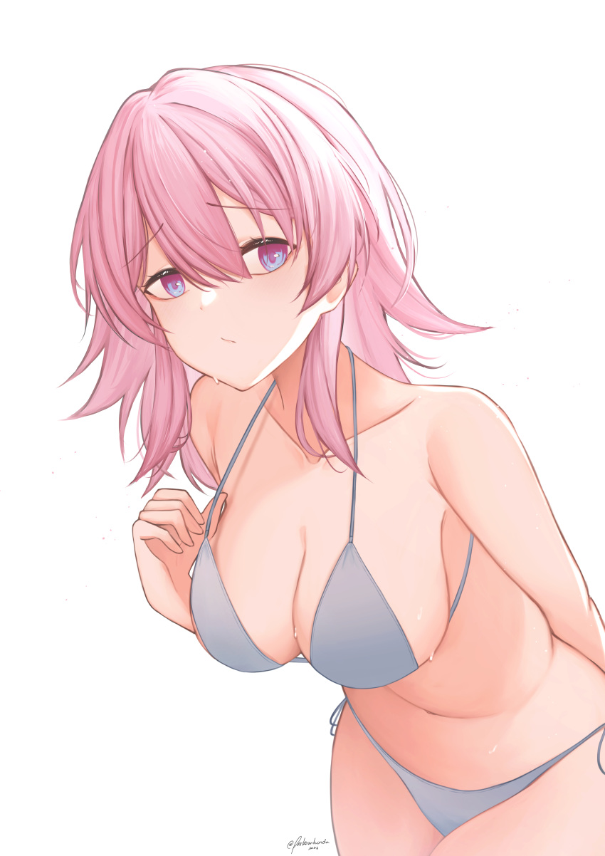 1girl absurdres artist_name bikini blue_eyes breasts cleavage closed_mouth collarbone cowboy_shot dated english_commentary grey_bikini hair_between_eyes halterneck highres honkai:_star_rail honkai_(series) large_breasts march_7th_(honkai:_star_rail) medium_hair parkiranhonda pink_eyes pink_hair simple_background solo string_bikini swimsuit two-tone_eyes white_background