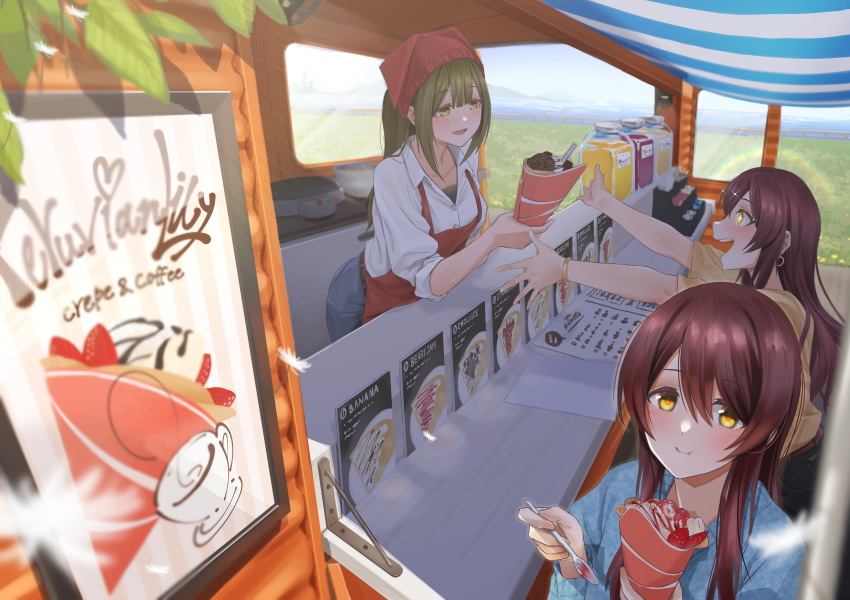 3girls absurdres alstroemeria_(flower) apron blush brown_hair crepe eating facing_another food food_truck head_scarf highres idolmaster idolmaster_shiny_colors kaiso_(kaisooekaki) kuwayama_chiyuki looking_at_viewer multiple_girls open_collar osaki_amana osaki_tenka red_apron shirt smile white_shirt yellow_eyes