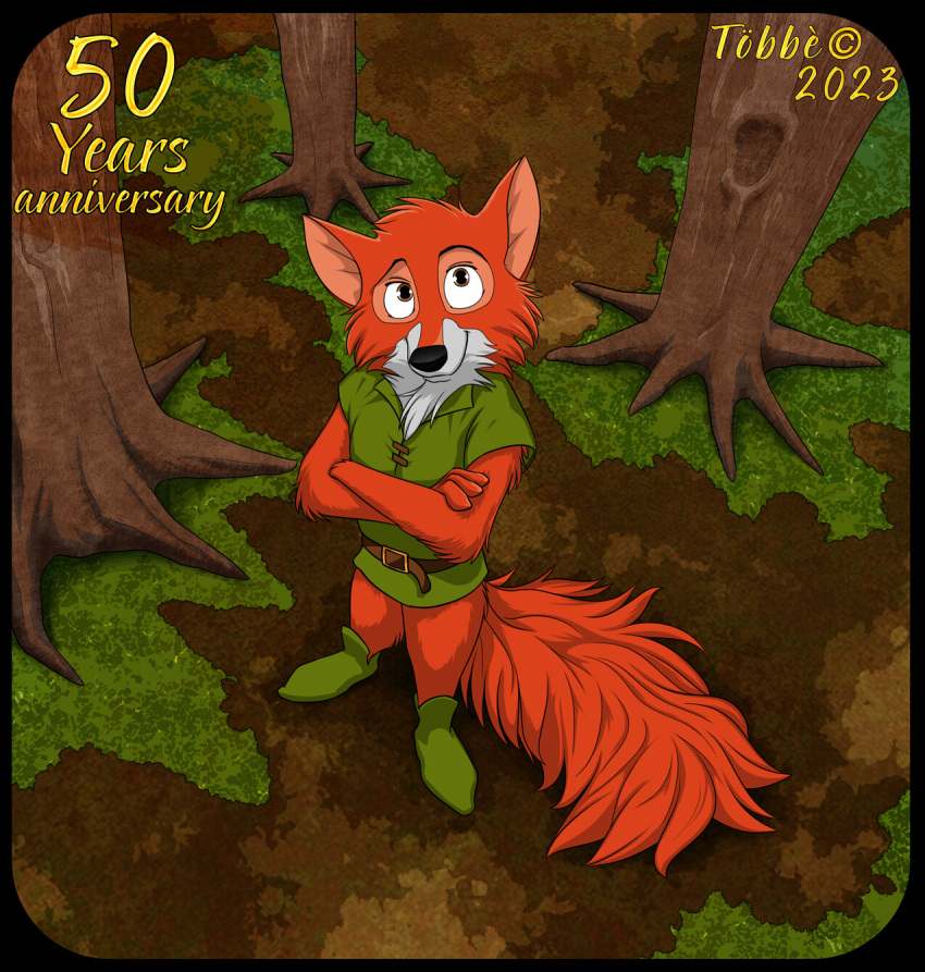 2023 anthro belt biped black_nose brown_eyes canid canine clothed clothing crossed_arms disney fox full-length_portrait fur fuzzyspectre green_clothing green_shirt green_topwear green_tunic hi_res looking_at_viewer male mammal orange_body orange_fur orange_tail plant portrait robin_hood robin_hood_(disney) shirt solo standing tail text topwear tree tunic year