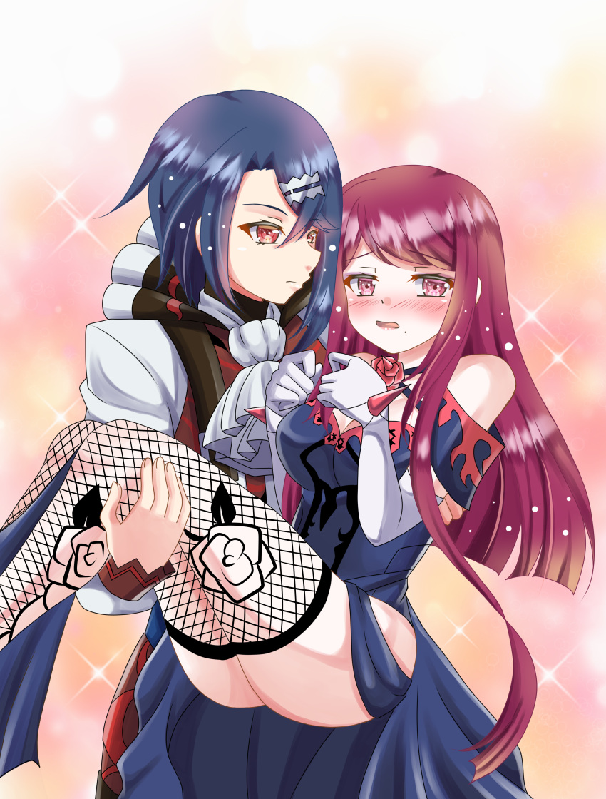 1boy 1girl absurdres alcryst_(fire_emblem) ascot bare_shoulders blue_hair blush breasts carrying carrying_person cleavage closed_mouth commission commissioner_upload dark_blue_hair dress elbow_gloves embarrassed fire_emblem fire_emblem_engage fishnet_thighhighs fishnets flower flower_brooch formal gloves hair_between_eyes hair_ornament hairclip highres holding ivy_(fire_emblem) lace-trimmed_thighhighs large_breasts long_hair long_sleeves looking_at_viewer mole mole_under_mouth non-web_source off-shoulder_dress off_shoulder princess_carry purple_eyes purple_hair red_eyes red_vest rein_rise rose short_hair skeb_commission spiked suit thighhighs thighs thorn_print vest white_ascot white_gloves