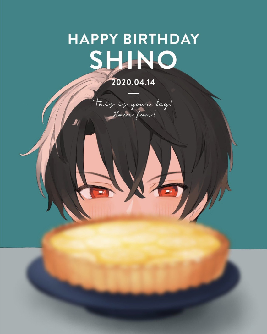 1boy 2020 black_hair blue_background blush character_name covered_mouth dated food happy_birthday highres looking_ahead mahoutsukai_no_yakusoku male_focus pie piza-chan red_eyes shino_sherwood short_hair solo table