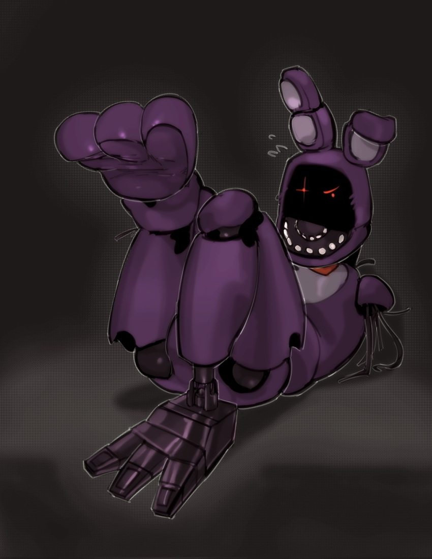 2023 3_toes 4_fingers animatronic anthro belly bodily_fluids bow_tie bulge digital_media_(artwork) eyebrows feet fingers five_nights_at_freddy's five_nights_at_freddy's_2 flying_sweatdrops halftone halftone_background hi_res kogito lagomorph leporid looking_at_viewer lying machine male mammal missing_arm on_back pattern_background pinup pose purple_body rabbit red_eyes robot scottgames simple_background soles solo sweat sweatdrop teeth toes withered_bonnie_(fnaf)