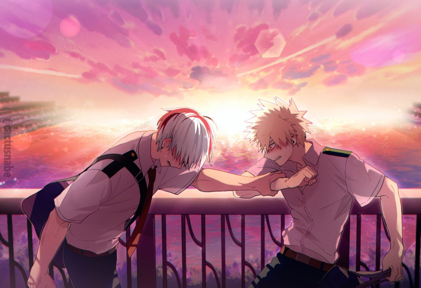 2boys arm_at_side arm_grab backlighting bag bakugou_katsuki belt blonde_hair bloom blurry blurry_background blush boku_no_hero_academia bottle bridge brown_belt buttons cactusnabe chromatic_aberration clenched_hands cliff cloud cloudy_sky collared_shirt commentary_request contrail covered_eyes cowlick depth_of_field diffraction_spikes dress_shirt ear_blush embarrassed evening eyes_visible_through_hair film_grain from_side gradient_sky grey_outline hair_over_eyes hand_up head_down highres holding holding_bag horizon leaning_forward lens_flare light looking_at_another male_focus multicolored_hair multiple_boys necktie non-circular_lens_flare open_mouth orange_sky outdoors outline outstretched_arm pants parted_lips profile purple_sky railing red_necktie resisting river scar school_uniform scowl see-through see-through_shirt shade shirt shopping_bag short_hair short_sleeves shoulder_bag shoulder_strap sky sparkle spiked_hair split-color_hair standing straight_hair summer_uniform sun sunlight sunset sweatdrop tearing_up todoroki_shouto twitter_username two-tone_hair u.a._school_uniform upper_body vanishing_point water white_hair wing_collar yaoi