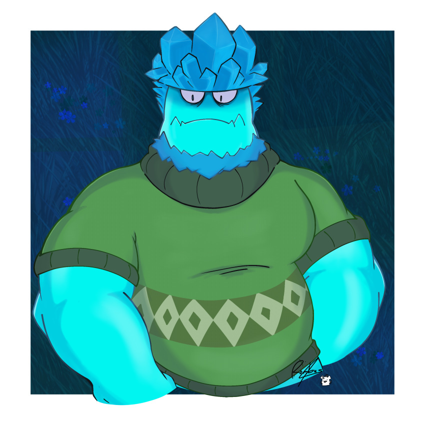 absurd_res anthro blue_body clothing electronic_arts elemental_creature elemental_humanoid fungi_fauna fungi_humanoid fungus hi_res humanoid male musclegut muscular muscular_humanoid muscular_male mushroom mushroom_humanoid not_furry plants_vs._zombies popcap_games romburrito solo sweater topwear