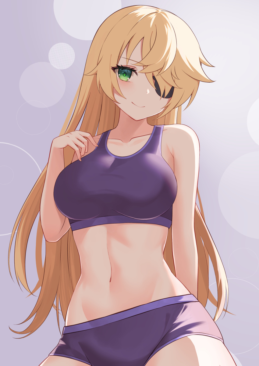 1girl absurdres astroglia_cyte belly blonde_hair breasts eyepatch fischl_(genshin_impact) genshin_impact green_eyes gym_shorts highres long_hair looking_at_viewer medium_breasts navel purple_sports_bra shorts simple_background smile solo sports_bra sportswear