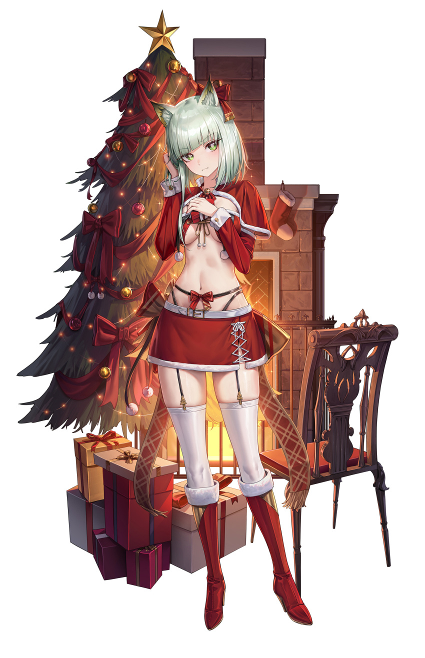 1girl absurdres animal_ears arknights bikini bikini_top_only blunt_bangs boots bow box breasts capelet cat_ears chair christmas christmas_tree closed_mouth covered_navel cryturtle detached_sleeves fireplace frown full_body garter_straps gift gift_box green_eyes green_hair hand_on_own_chest hands_up high_heel_boots high_heels highres kal'tsit_(arknights) knee_boots long_sleeves looking_at_viewer medium_breasts miniskirt navel red_bikini red_bow red_capelet red_footwear red_skirt short_hair simple_background skirt solo standing stomach string_bikini swimsuit thighhighs thighs white_background white_thighhighs zettai_ryouiki