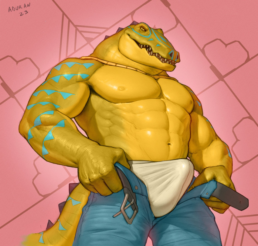 abs aduran anthro belt blue_markings bottomwear clothed clothing crocodilian erection erection_under_bottomwear erection_under_clothing green_body hi_res looking_at_viewer male markings multicolored_body muscular muscular_anthro muscular_male navel nipples pants pecs pink_background pupils reptile scalie simple_background slit_pupils solo spiked_tail spikes spikes_(anatomy) tail teeth two_tone_body underwear undone_belt yellow_sclera