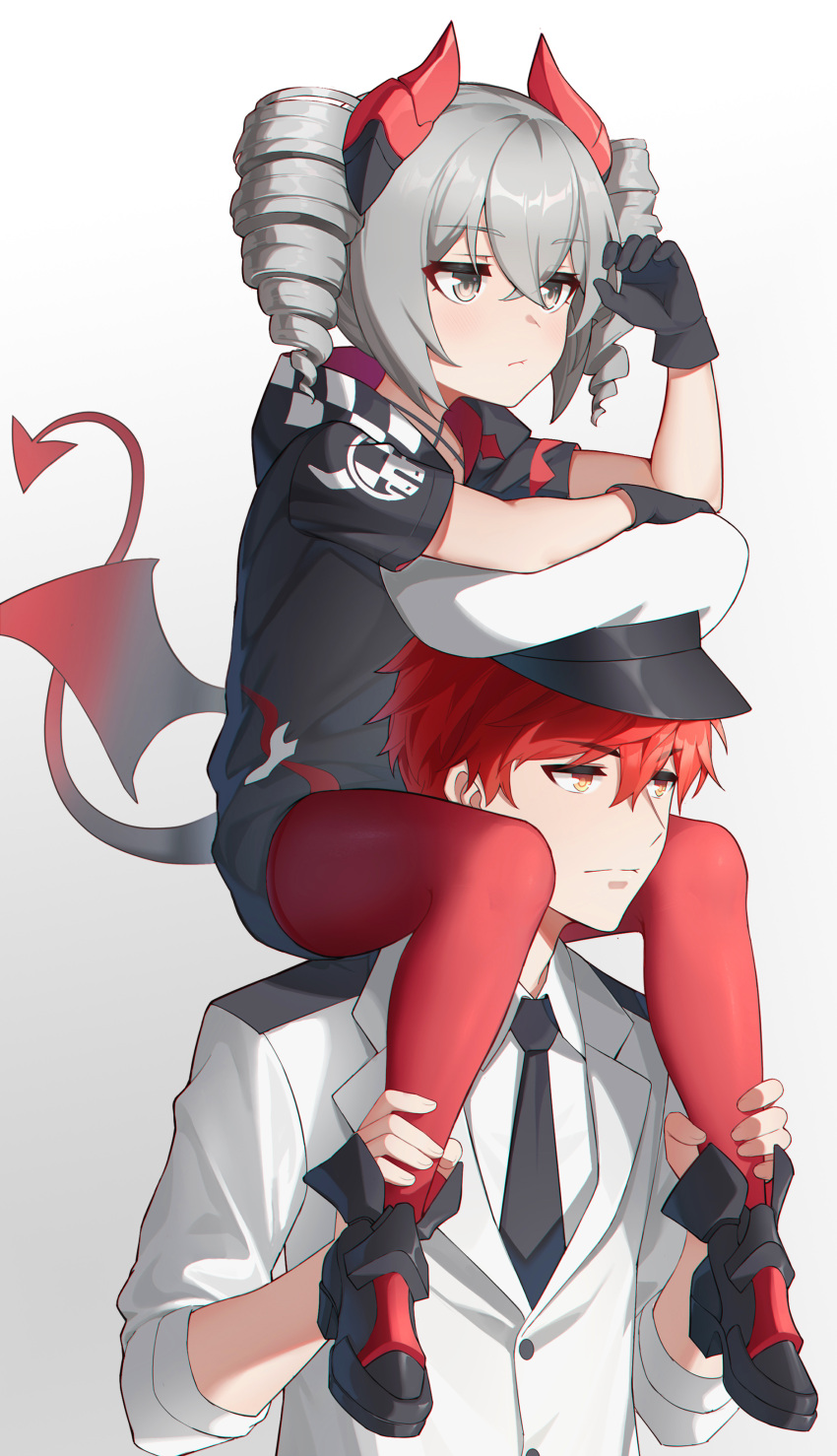 1boy 1girl absurdres artist_request black_footwear black_gloves black_jacket black_necktie black_wings bronya_zaychik captain_(honkai_impact) carrying collared_shirt demon_girl demon_tail demon_wings drill_hair gloves gradient_background grey_background grey_eyes grey_hair hair_between_eyes hand_up hat highres honkai_(series) honkai_impact_3rd hood hood_down hooded_jacket jacket necktie pantyhose peaked_cap red_eyes red_hair red_pantyhose red_wings shirt shoes short_sleeves shoulder_carry tail twin_drills twintails white_background white_headwear white_jacket white_shirt wings