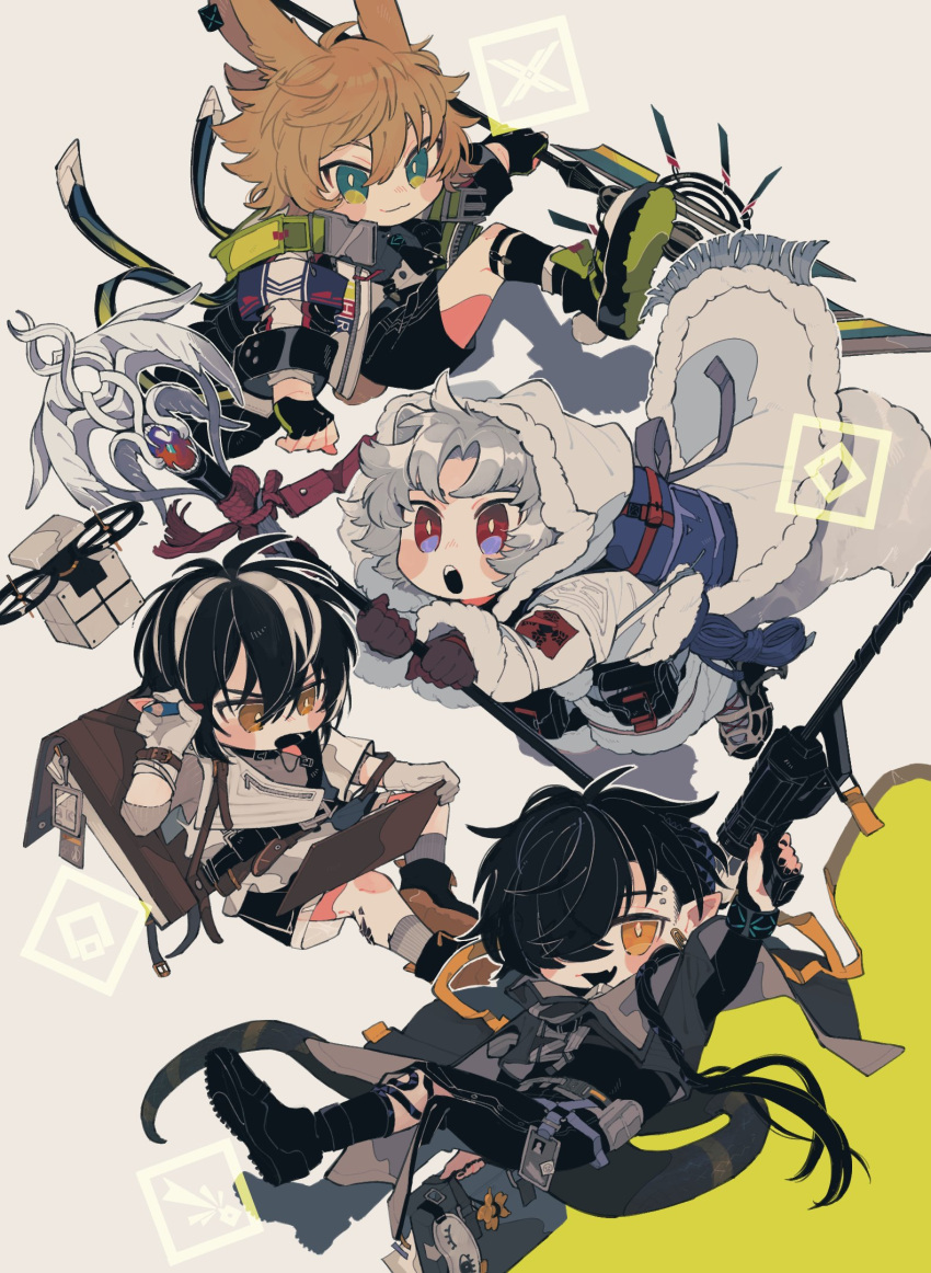 4boys :o animal_ears annoyed arknights ascot backpack bag bandage_on_face bandages black_ascot black_footwear black_gloves black_hair black_jacket black_pants blue_bag blush brown_gloves chibi closed_mouth coat commentary_request corroserum_(arknights) cropped_jacket drone eyebrow_piercing fingerless_gloves fur-trimmed_coat fur_trim gloves green_eyes grey_background grey_shirt grey_socks gun hair_over_one_eye hand_up highres holding holding_gun holding_marker holding_staff holding_tablet_pc holding_weapon id_card infection_monitor_(arknights) jacket leaning_forward leonhardt_(arknights) looking_at_viewer looking_down marker minimalist_(arknights) multicolored_hair multiple_boys open_mouth oripathy_lesion_(arknights) outline pants piercing pointy_ears pouch qanipalaat_(arknights) rabbit_boy rabbit_ears red_eyes remu_(kudarizaka_25) shirt shoes shorts sleep_mask snake_boy snake_tail sneakers snow_boots socks staff streaked_hair tablet_pc tail teeth two-tone_background upper_teeth_only weapon white_coat white_gloves white_hair white_shirt white_shorts yellow_background yellow_eyes