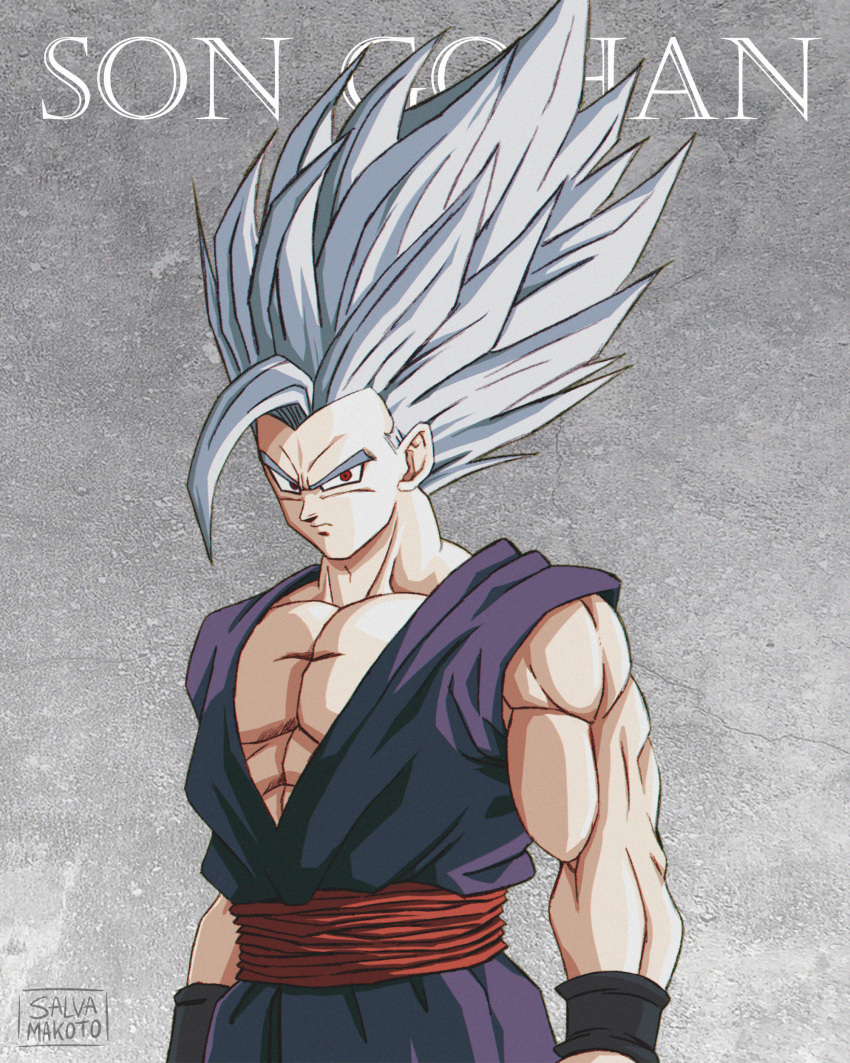 1boy absurdres character_name commentary_request dougi dragon_ball dragon_ball_super dragon_ball_super_super_hero furrowed_brow gohan_beast grey_hair highres long_hair male_focus muscular muscular_male pectorals red_eyes salvamakoto serious signature solo son_gohan spanish_commentary spiked_hair upper_body widow's_peak wristband