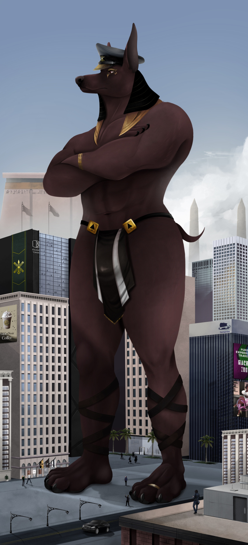 4_toes abs absurd_res anthro anubian_jackal biceps billboard black_claws black_nose bottomwear bracelet brown_eyes building canid canine canis car city city_background cityscape claws clothing cloud colored crossed_arms day detailed detailed_background digit_ring digital_drawing_(artwork) digital_media_(artwork) english_text faceless_character faceless_human feet fingers flag full-length_portrait guard hat headgear headwear hi_res hieroglyphics human jackal jewelry larger_anthro larger_male loincloth macro male mammal micro monument muscular muscular_anthro muscular_male navel obelisk pawpads paws plantigrade police portrait prick_ears ring road selfie size_difference skyscraper solo standing tail taylornoir text toe_claws toe_ring toes ur'am_(taylornoir) vehicle