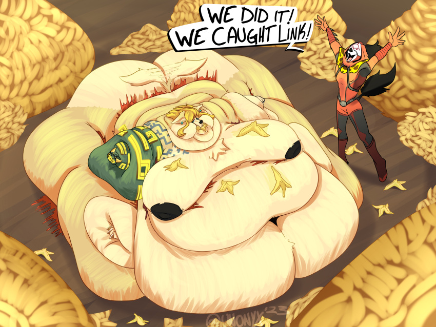 4:3 absurd_res anthro anthrofied bad_end banana blob_(disambiguation) fat_fur food fruit hi_res immobile implied_weight_gain link morbidly_obese nintendo obese overweight plant tears_of_the_kingdom the_legend_of_zelda unonyx weight_gain