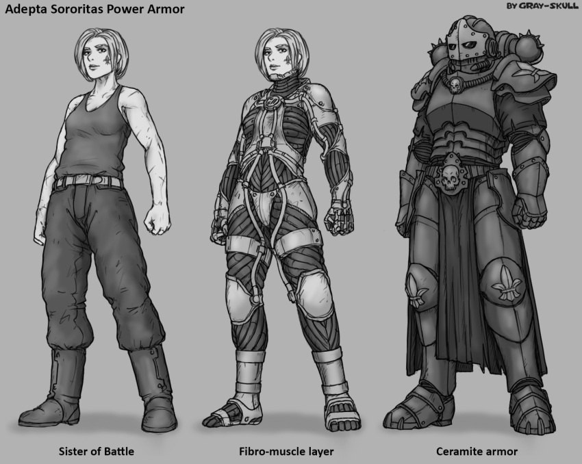 adepta_sororitas armor belt boots clenched_hands english_text facial_tattoo fleur-de-lis gray-skull helmet loincloth monochrome pauldrons power_armor scar short_hair shoulder_armor signature skirt skull tank_top tattoo warhammer_40k