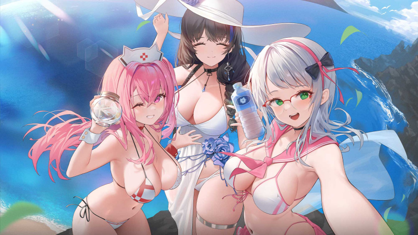 3girls bare_shoulders bikini black_choker braid breasts choker closed_eyes earrings goddess_of_victory:_nikke hat highres jewelry large_breasts long_hair mary_(bay_goddess)_(nikke) mary_(nikke) multicolored_hair multiple_girls navel neon_(blue_ocean)_(nikke) neon_(nikke) official_alternate_costume official_art one_eye_closed open_mouth pepper_(nikke) pepper_(ocean_vitamin)_(nikke) pink_hair pink_sailor_collar polka_dot polka_dot_bikini sailor_collar seraphim_(nikke) side-tie_bikini_bottom sitting strap_gap streaked_hair sun_hat swimsuit teeth thighlet thighs water white_bikini white_headwear wrist_cuffs