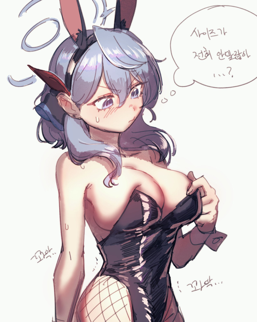 1girl ako_(blue_archive) alternate_costume animal_ears black_leotard blue_archive blue_hair blush breasts cleavage dark_skin fake_animal_ears fishnet_pantyhose fishnets halo highres hobgoblin-kim korean_text large_breasts leotard looking_down pantyhose playboy_bunny rabbit_ears simple_background solo strapless strapless_leotard sweatdrop thought_bubble undersized_breast_cup white_background wrist_cuffs