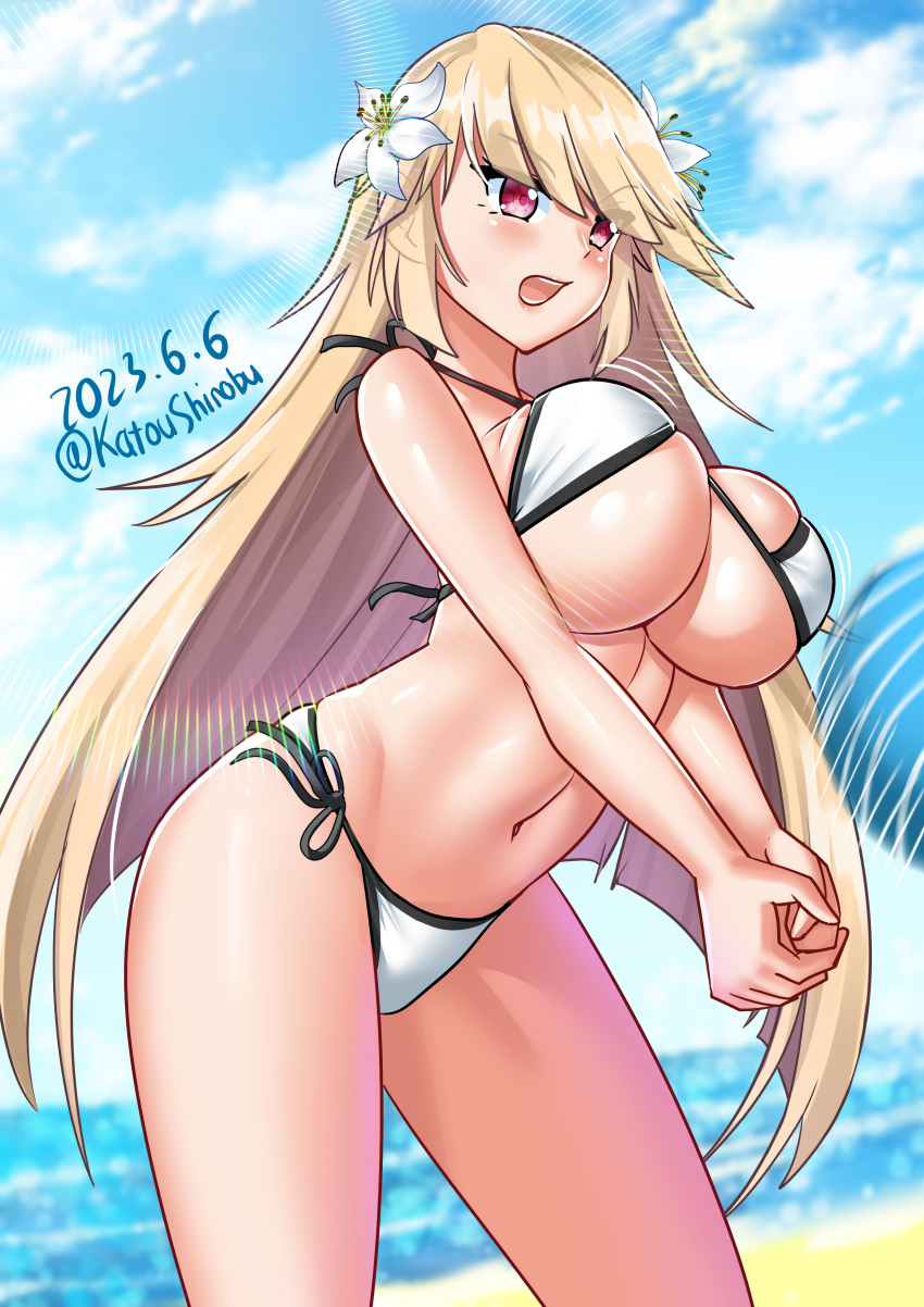 1girl absurdres beach beach_volleyball bikini blonde_hair blue_sky bouncing_breasts breasts brooklyn_(kancolle) cloud cosplay day flower hair_flower hair_ornament highres honolulu_(kancolle) honolulu_(kancolle)_(cosplay) kantai_collection katou_shinobu large_breasts long_hair navel ocean open_mouth outdoors red_eyes round_teeth sand side-tie_bikini_bottom sky solo swimsuit teeth upper_teeth_only very_long_hair volleyball white_bikini white_flower